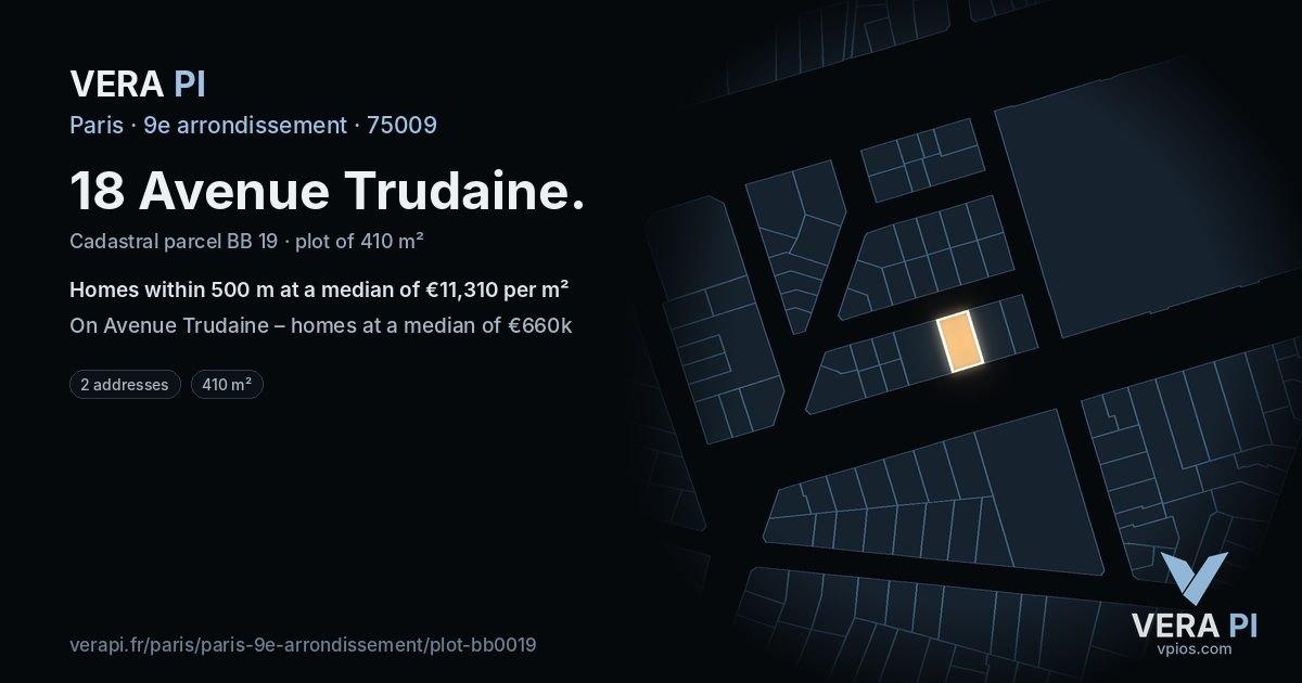 18 Avenue Trudaine, 9e arrondissement at night – the plot lit, the parcels around coloured by the prices near them