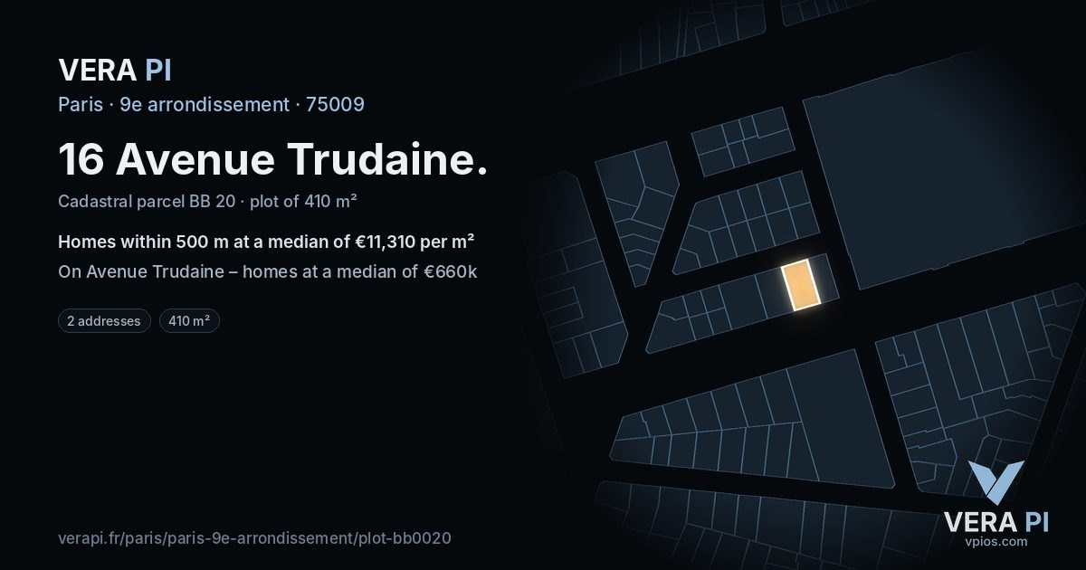 16 Avenue Trudaine, 9e arrondissement at night – the plot lit, the parcels around coloured by the prices near them