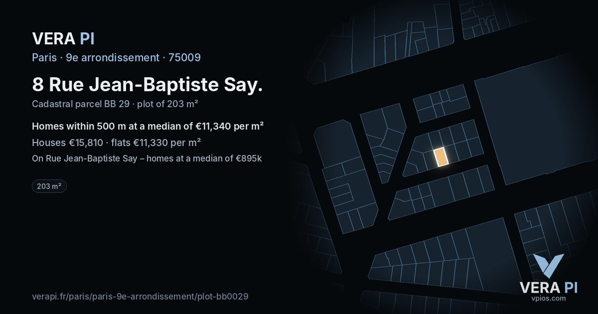 8 Rue Jean-Baptiste Say, 9e arrondissement at night – the plot lit, the parcels around coloured by the prices near them