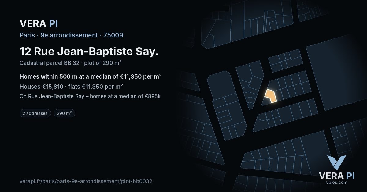 12 Rue Jean-Baptiste Say, 9e arrondissement at night – the plot lit, the parcels around coloured by the prices near them