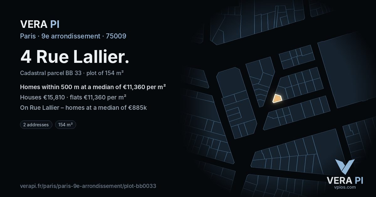 4 Rue Lallier, 9e arrondissement at night – the plot lit, the parcels around coloured by the prices near them