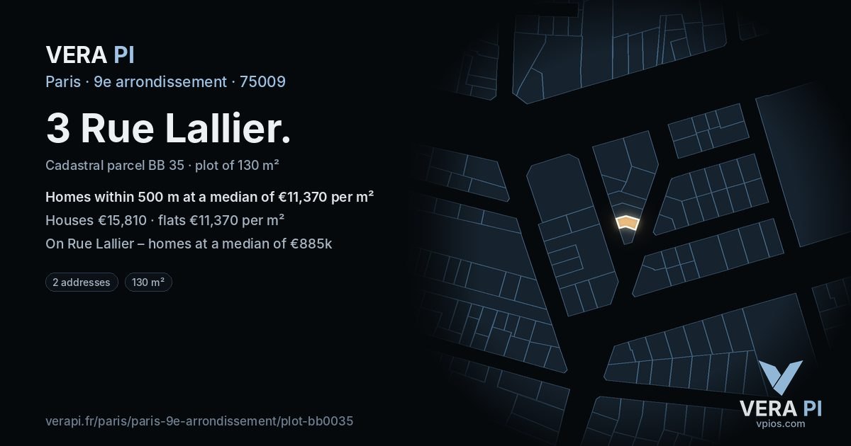 3 Rue Lallier, 9e arrondissement at night – the plot lit, the parcels around coloured by the prices near them