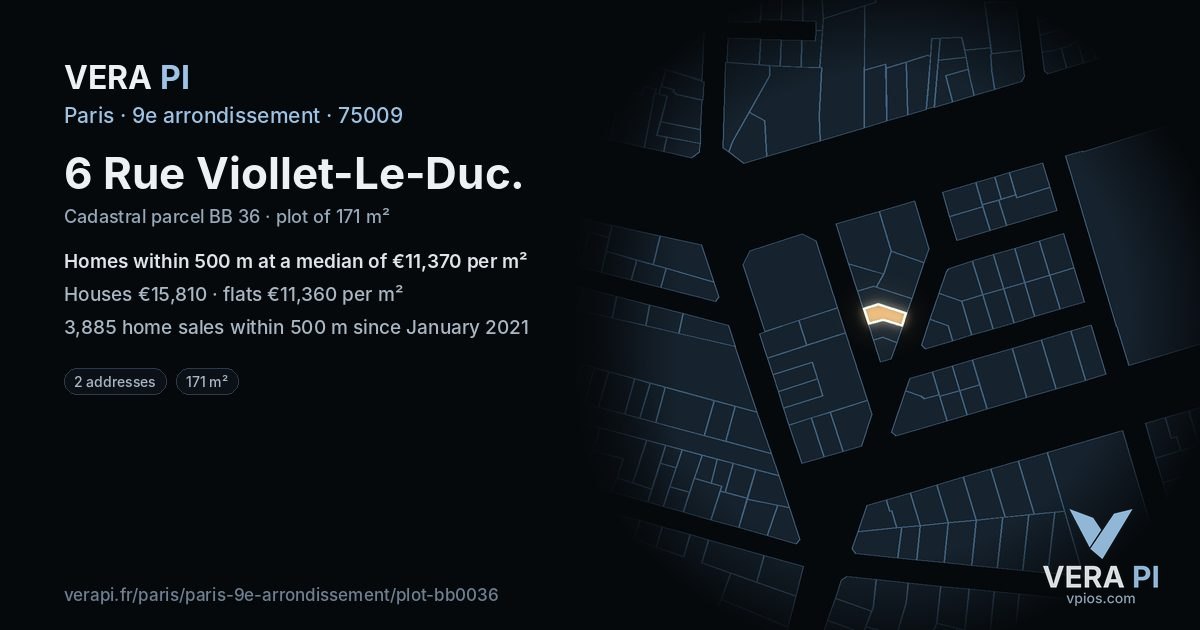 6 Rue Viollet-Le-Duc, 9e arrondissement at night – the plot lit, the parcels around coloured by the prices near them