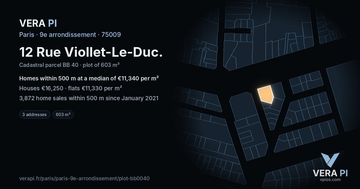 12 Rue Viollet-Le-Duc, 9e arrondissement at night – the plot lit, the parcels around coloured by the prices near them