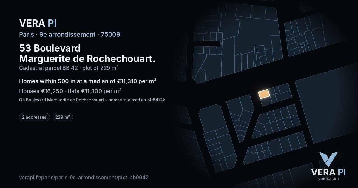 53 Boulevard Marguerite de Rochechouart, 9e arrondissement at night – the plot lit, the parcels around coloured by the prices near them