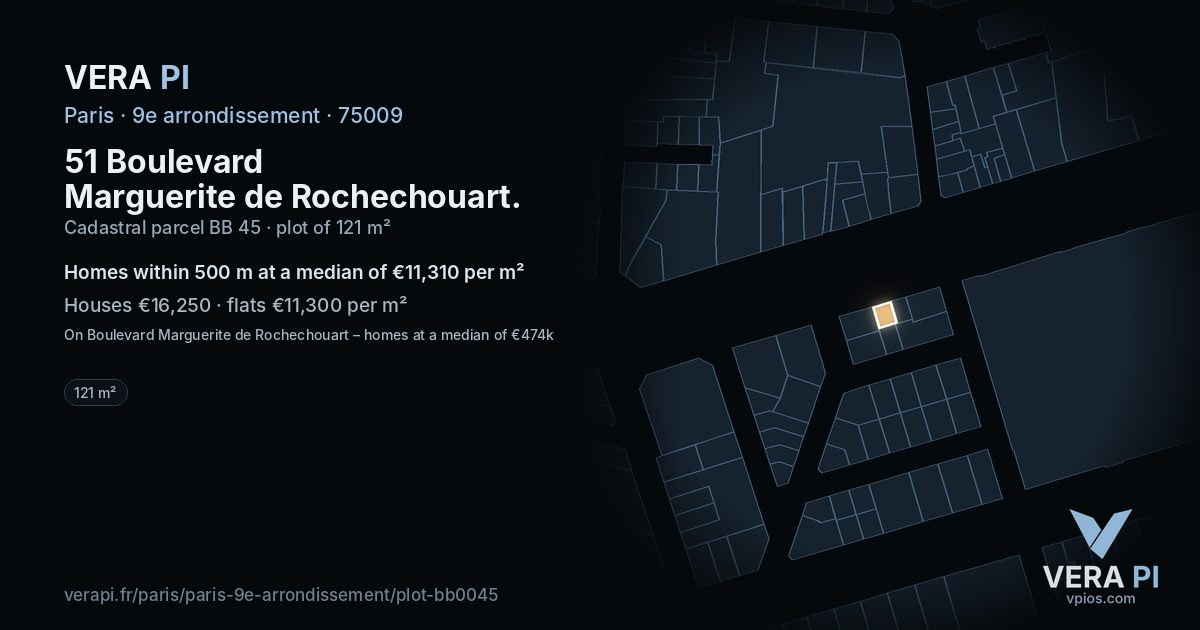 51 Boulevard Marguerite de Rochechouart, 9e arrondissement at night – the plot lit, the parcels around coloured by the prices near them