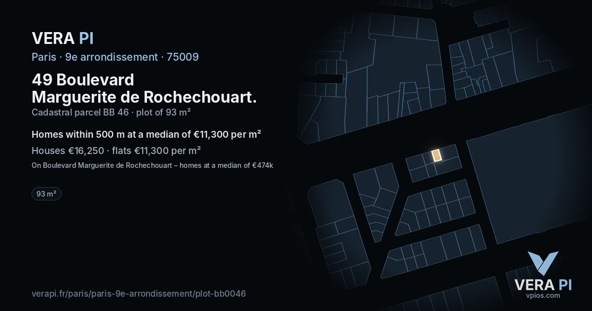 49 Boulevard Marguerite de Rochechouart, 9e arrondissement at night – the plot lit, the parcels around coloured by the prices near them