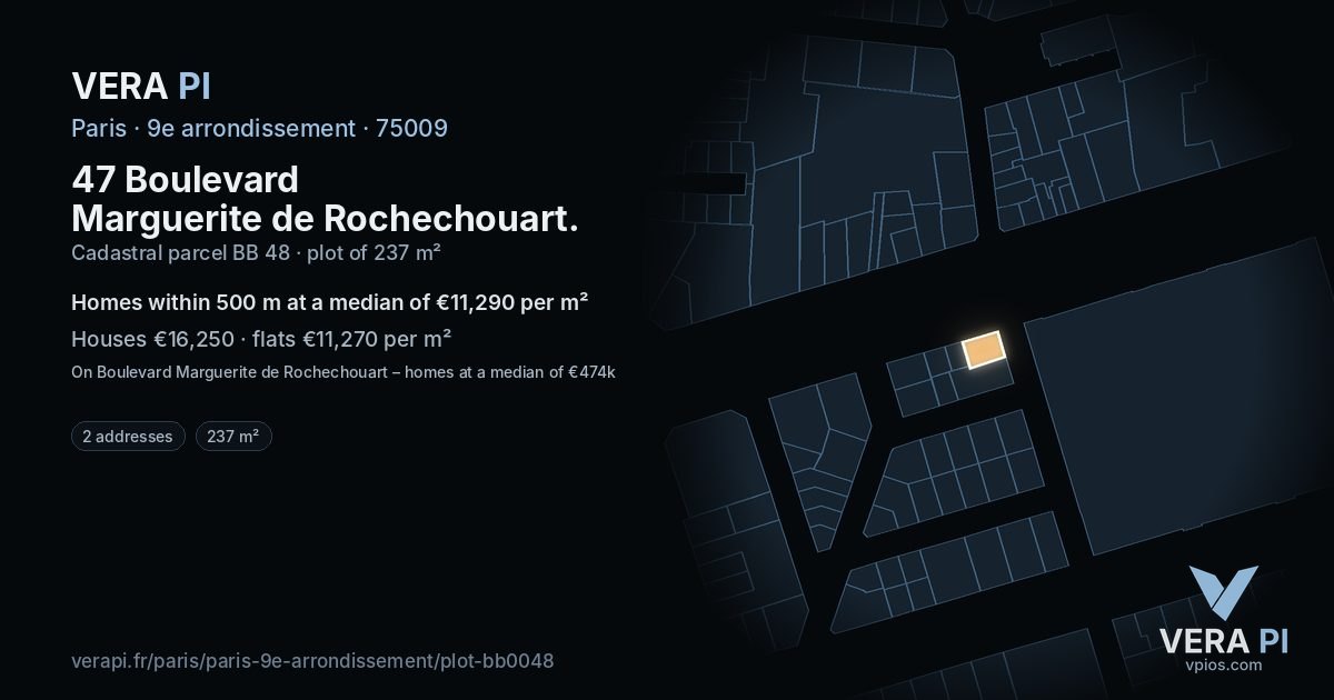 47 Boulevard Marguerite de Rochechouart, 9e arrondissement at night – the plot lit, the parcels around coloured by the prices near them