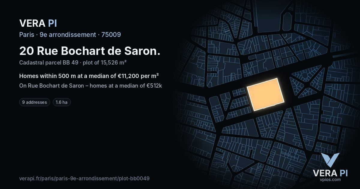 20 Rue Bochart de Saron, 9e arrondissement at night – the plot lit, the parcels around coloured by the prices near them