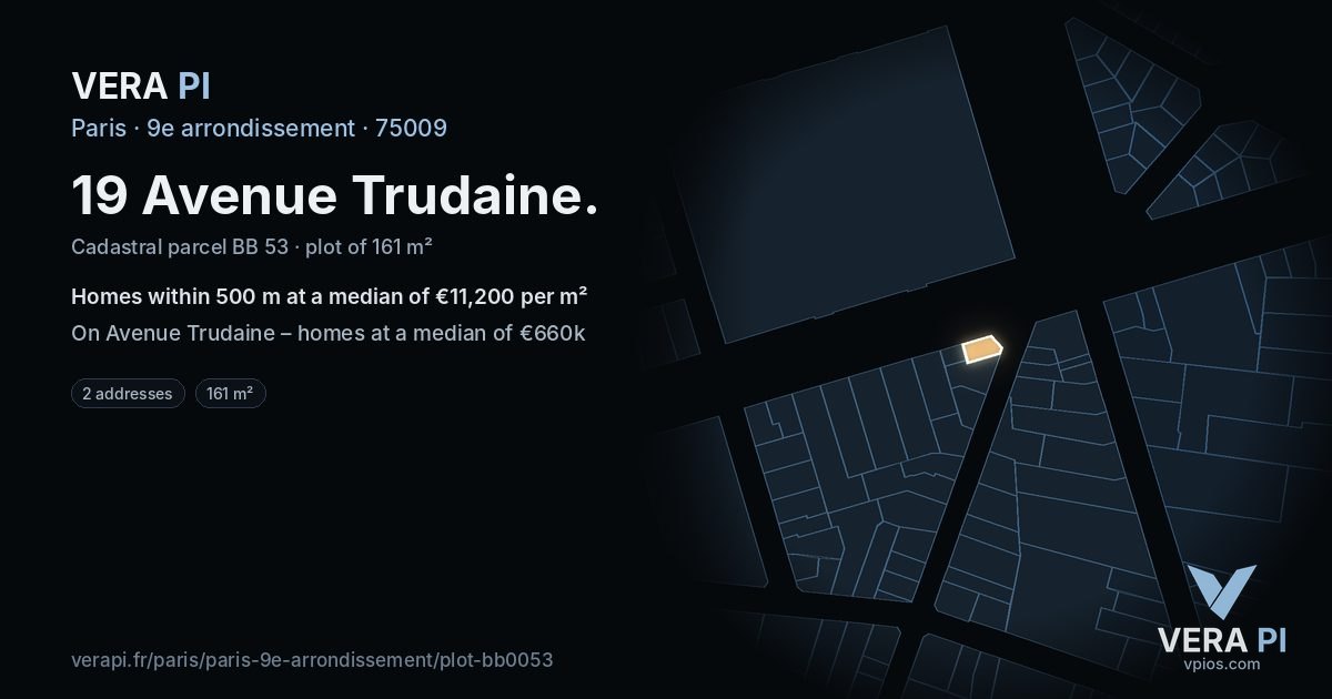 19 Avenue Trudaine, 9e arrondissement at night – the plot lit, the parcels around coloured by the prices near them