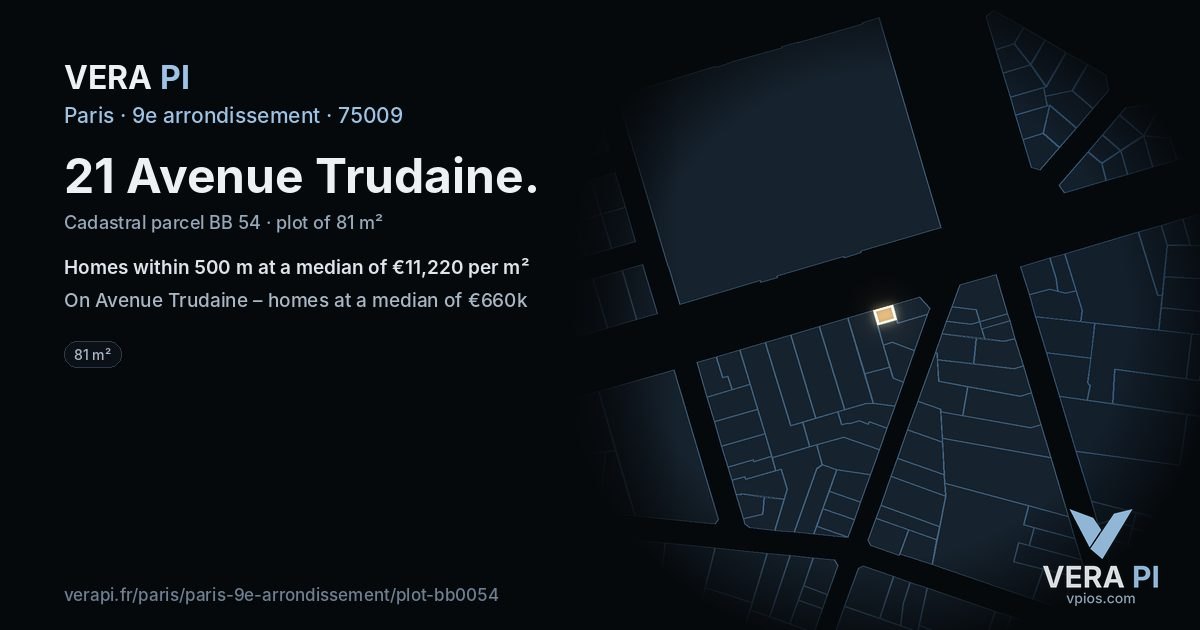 21 Avenue Trudaine, 9e arrondissement at night – the plot lit, the parcels around coloured by the prices near them