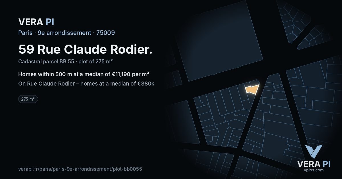 59 Rue Claude Rodier, 9e arrondissement at night – the plot lit, the parcels around coloured by the prices near them