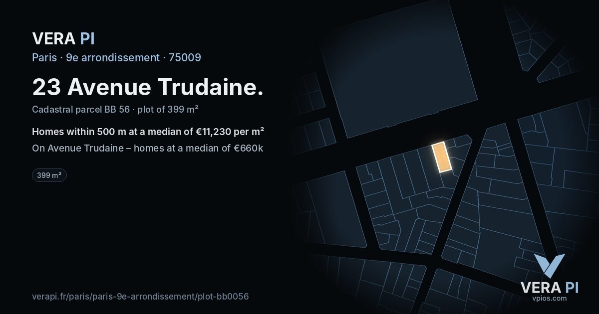 23 Avenue Trudaine, 9e arrondissement at night – the plot lit, the parcels around coloured by the prices near them