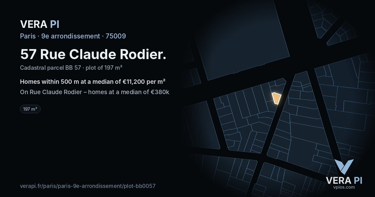 57 Rue Claude Rodier, 9e arrondissement at night – the plot lit, the parcels around coloured by the prices near them