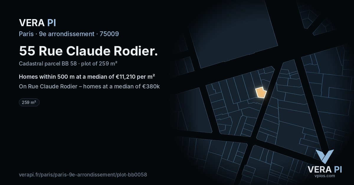 55 Rue Claude Rodier, 9e arrondissement at night – the plot lit, the parcels around coloured by the prices near them