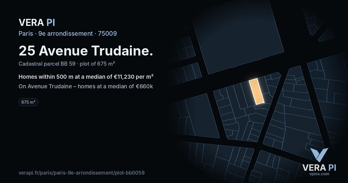 25 Avenue Trudaine, 9e arrondissement at night – the plot lit, the parcels around coloured by the prices near them