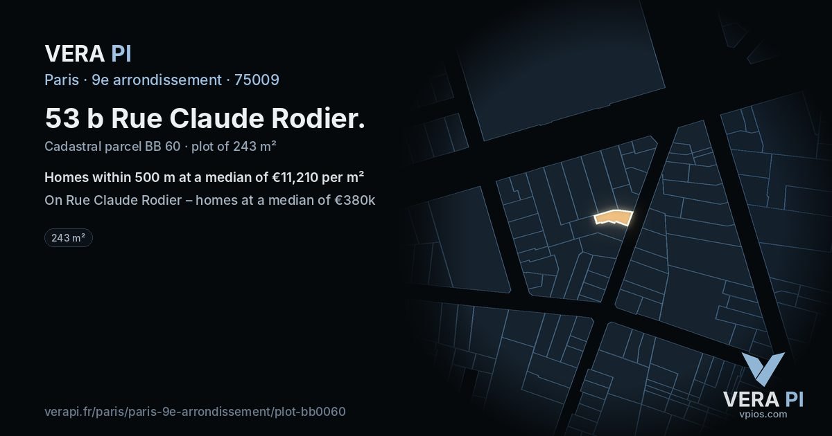 53 b Rue Claude Rodier, 9e arrondissement at night – the plot lit, the parcels around coloured by the prices near them