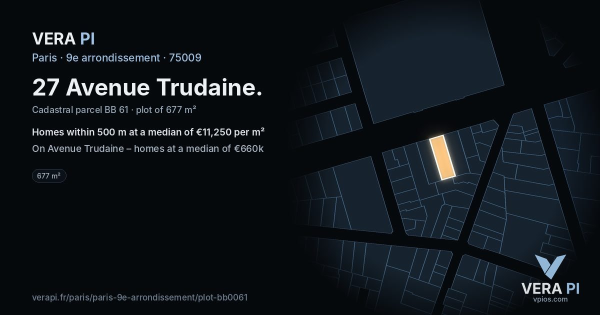 27 Avenue Trudaine, 9e arrondissement at night – the plot lit, the parcels around coloured by the prices near them