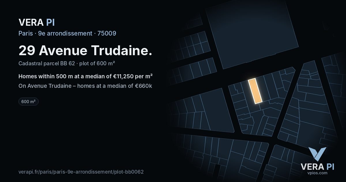29 Avenue Trudaine, 9e arrondissement at night – the plot lit, the parcels around coloured by the prices near them