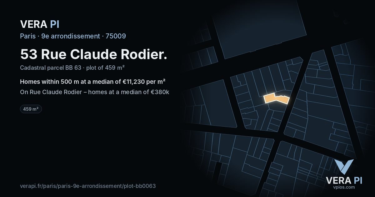 53 Rue Claude Rodier, 9e arrondissement at night – the plot lit, the parcels around coloured by the prices near them