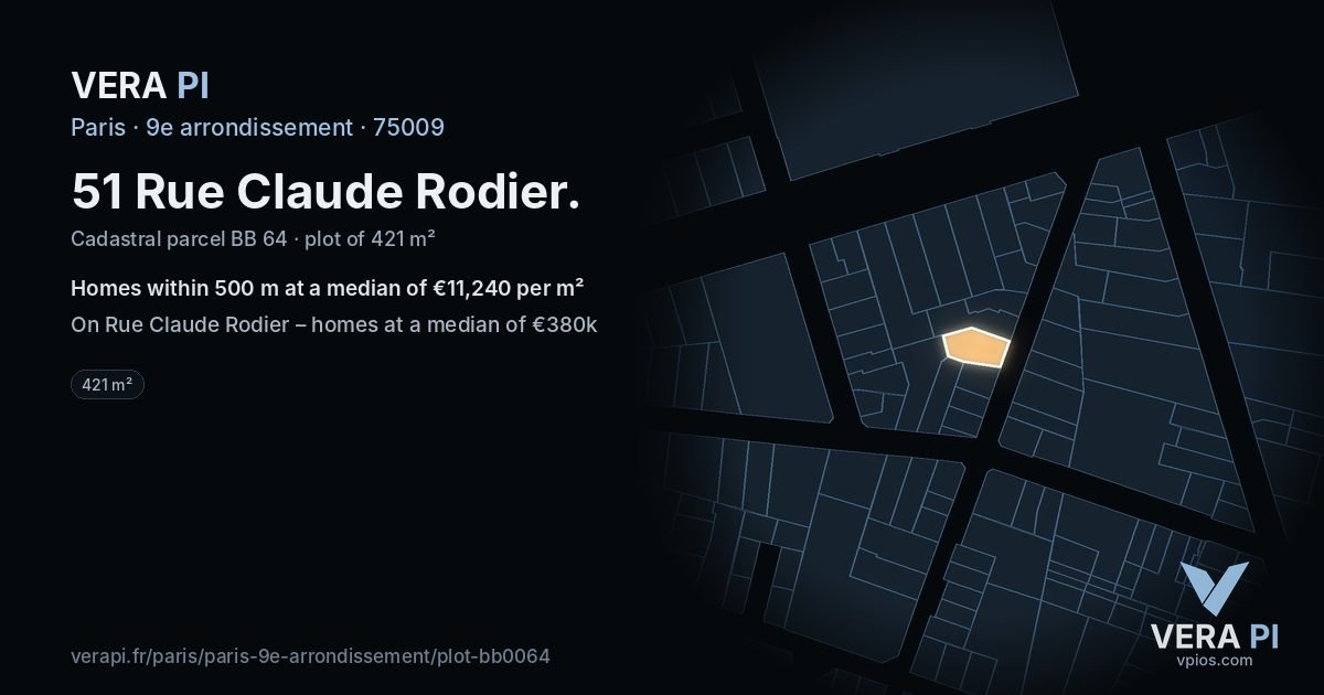51 Rue Claude Rodier, 9e arrondissement at night – the plot lit, the parcels around coloured by the prices near them