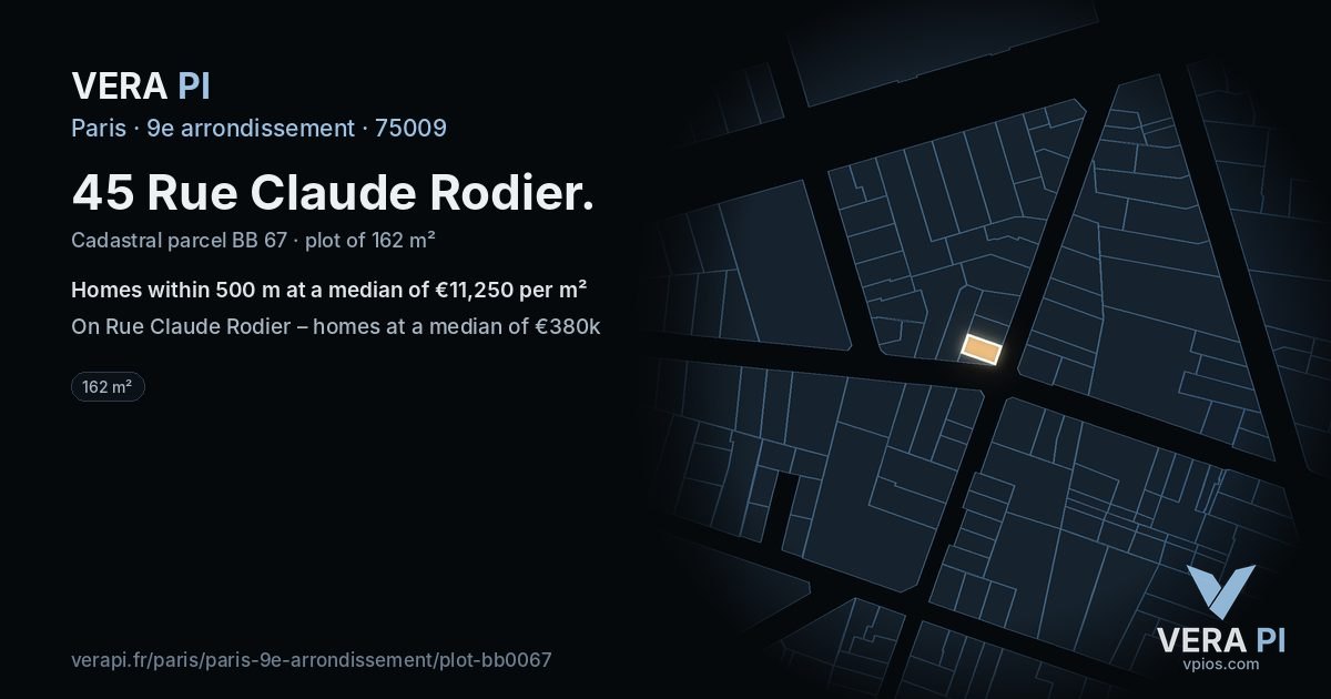 45 Rue Claude Rodier, 9e arrondissement at night – the plot lit, the parcels around coloured by the prices near them