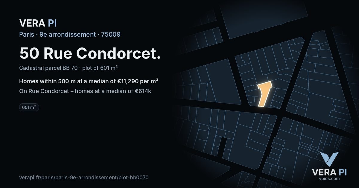 50 Rue Condorcet, 9e arrondissement at night – the plot lit, the parcels around coloured by the prices near them