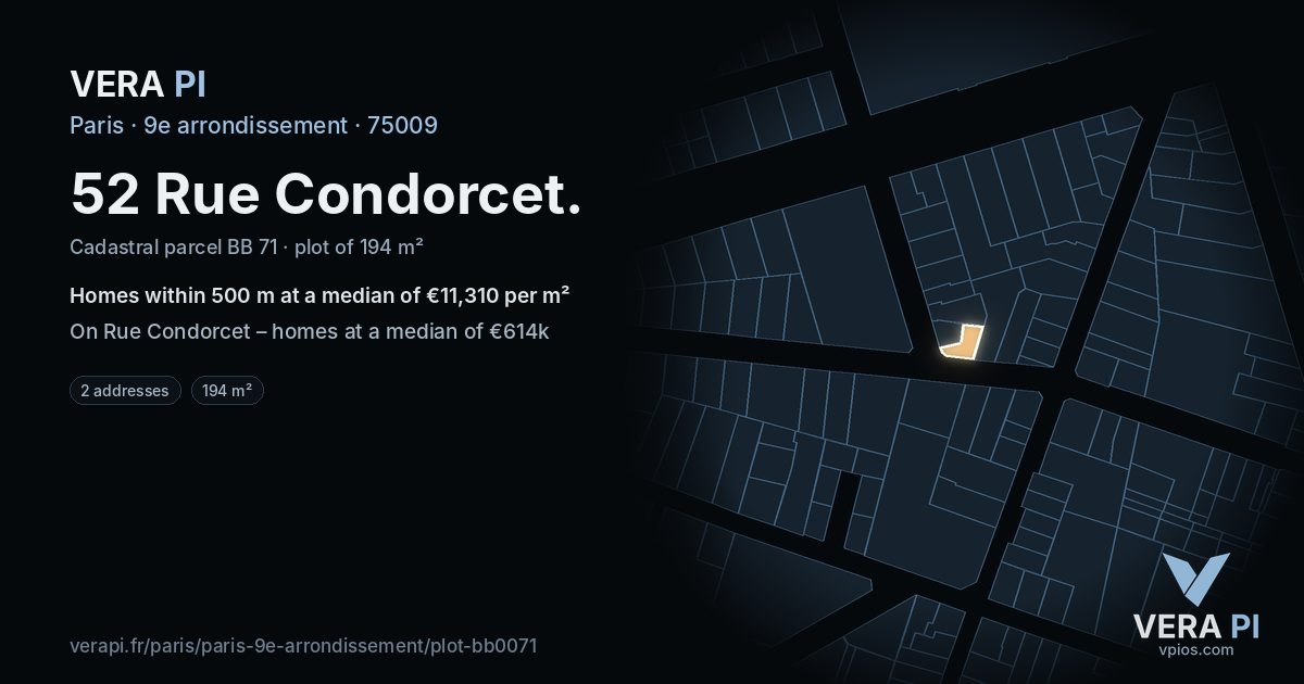 52 Rue Condorcet, 9e arrondissement at night – the plot lit, the parcels around coloured by the prices near them