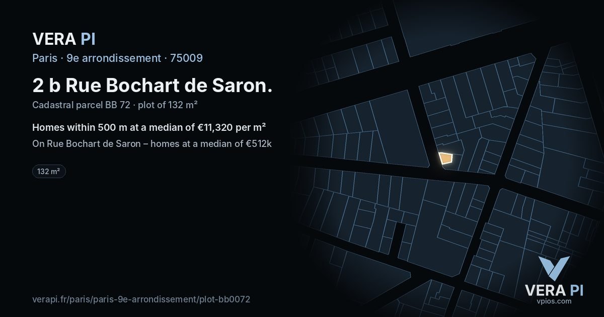 2 b Rue Bochart de Saron, 9e arrondissement at night – the plot lit, the parcels around coloured by the prices near them