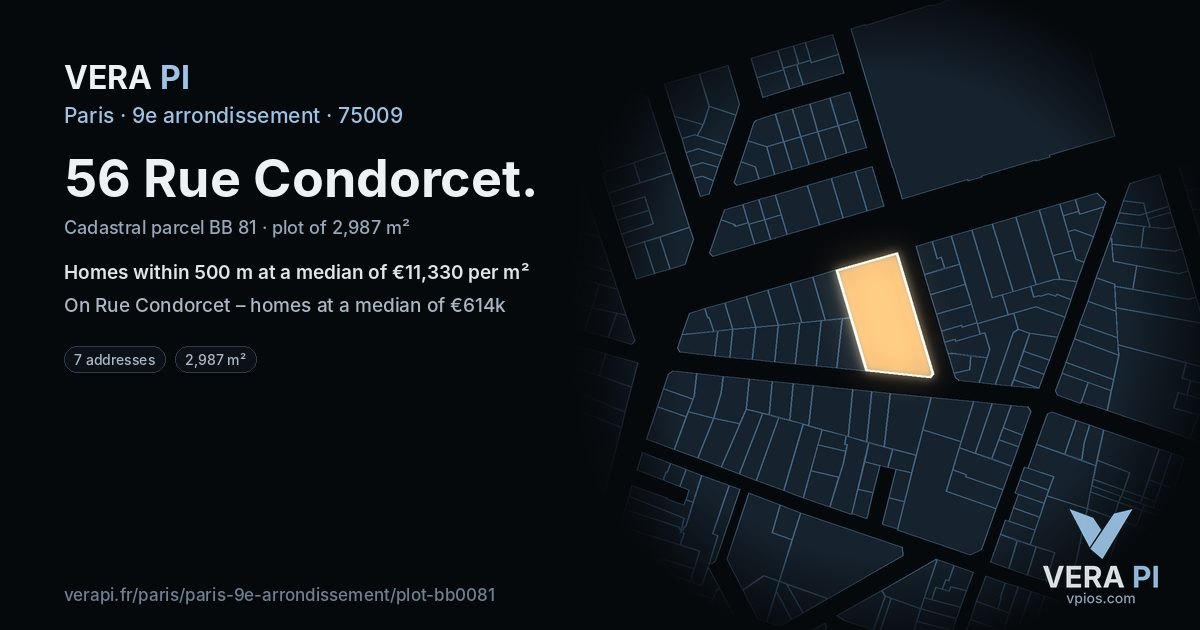 56 Rue Condorcet, 9e arrondissement at night – the plot lit, the parcels around coloured by the prices near them