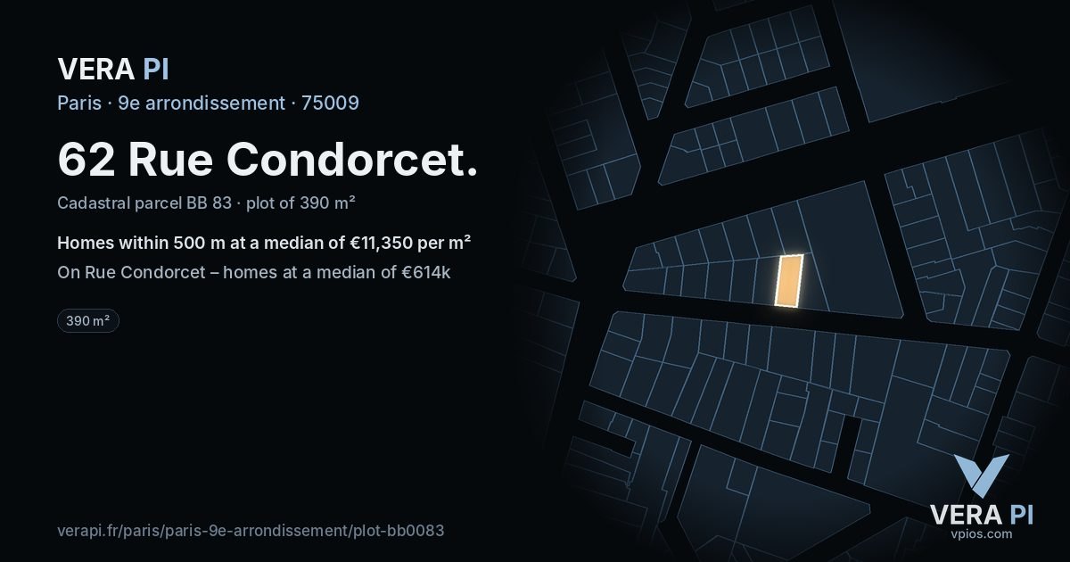 62 Rue Condorcet, 9e arrondissement at night – the plot lit, the parcels around coloured by the prices near them