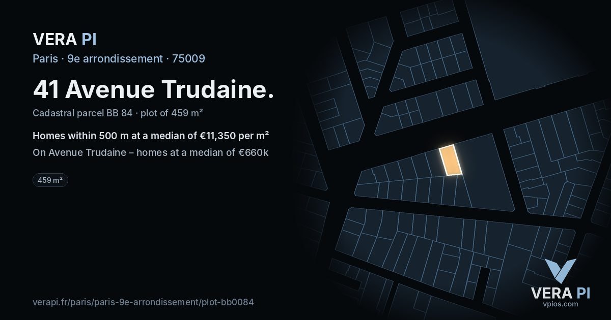 41 Avenue Trudaine, 9e arrondissement at night – the plot lit, the parcels around coloured by the prices near them