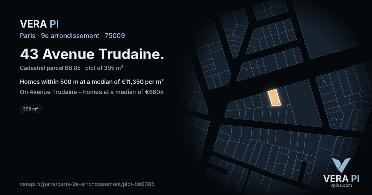 43 Avenue Trudaine, 9e arrondissement at night – the plot lit, the parcels around coloured by the prices near them