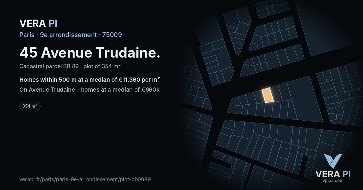 45 Avenue Trudaine, 9e arrondissement at night – the plot lit, the parcels around coloured by the prices near them