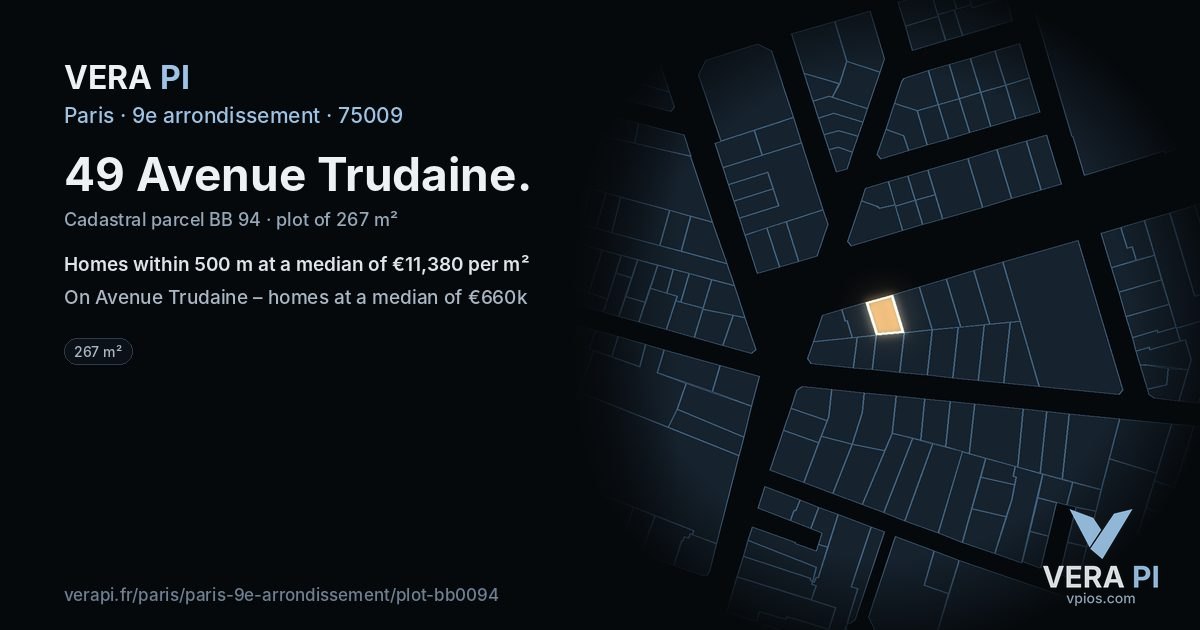 49 Avenue Trudaine, 9e arrondissement at night – the plot lit, the parcels around coloured by the prices near them