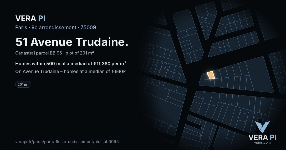 51 Avenue Trudaine, 9e arrondissement at night – the plot lit, the parcels around coloured by the prices near them