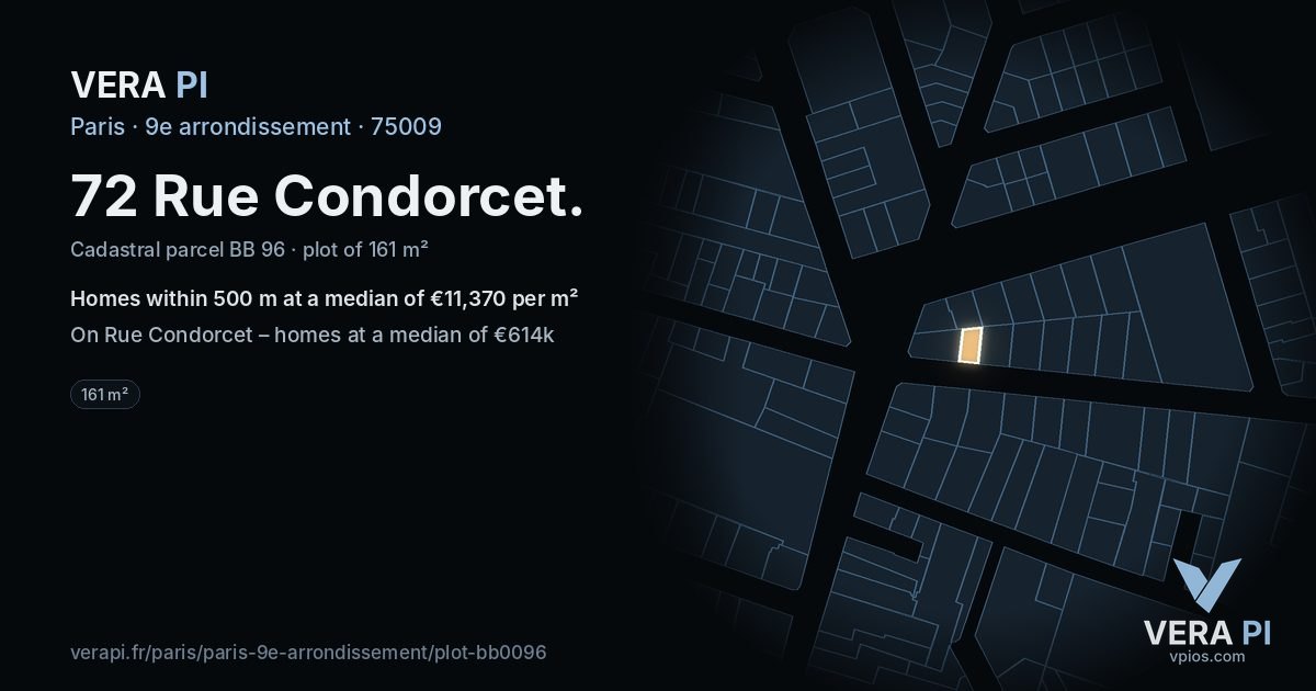 72 Rue Condorcet, 9e arrondissement at night – the plot lit, the parcels around coloured by the prices near them