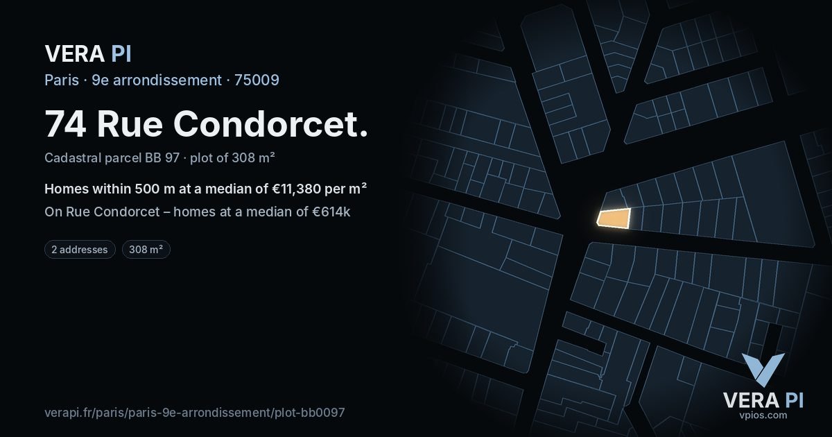 74 Rue Condorcet, 9e arrondissement at night – the plot lit, the parcels around coloured by the prices near them