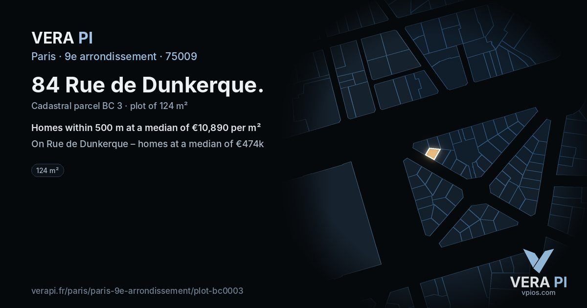 84 Rue de Dunkerque, 9e arrondissement at night – the plot lit, the parcels around coloured by the prices near them