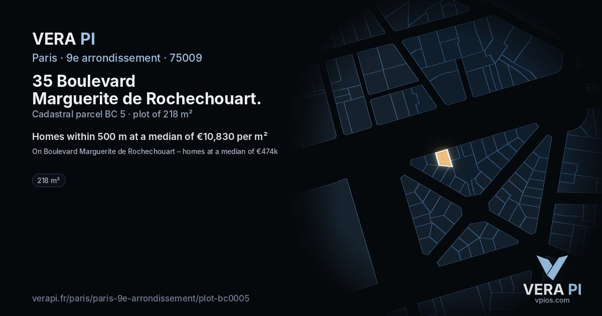 35 Boulevard Marguerite de Rochechouart, 9e arrondissement at night – the plot lit, the parcels around coloured by the prices near them