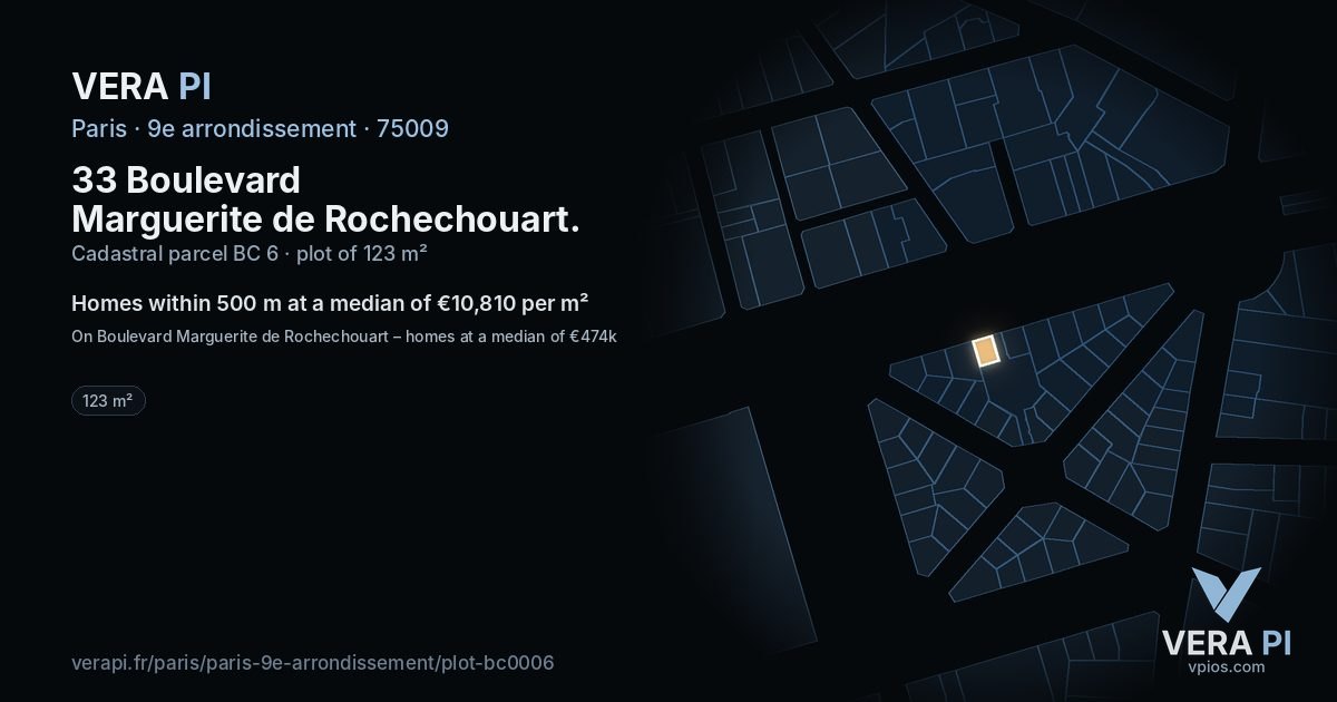 33 Boulevard Marguerite de Rochechouart, 9e arrondissement at night – the plot lit, the parcels around coloured by the prices near them