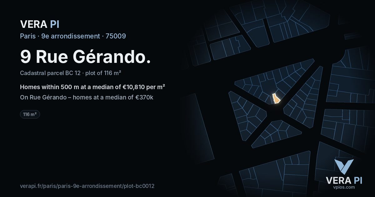 9 Rue Gérando, 9e arrondissement at night – the plot lit, the parcels around coloured by the prices near them