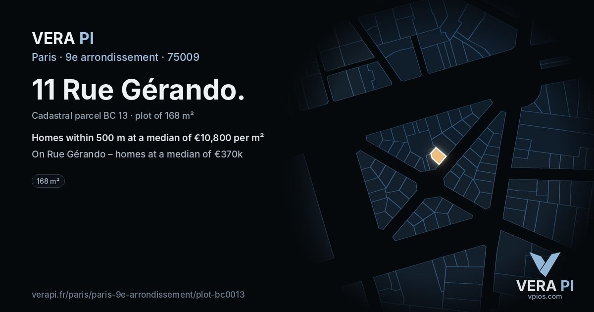 11 Rue Gérando, 9e arrondissement at night – the plot lit, the parcels around coloured by the prices near them