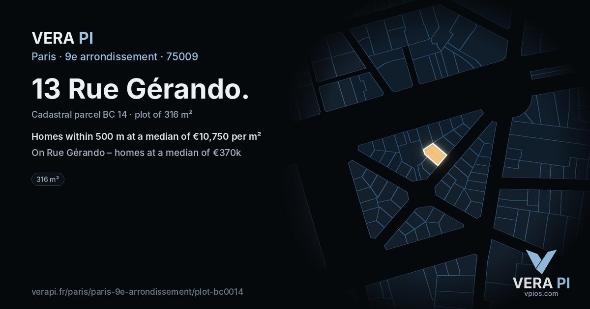 13 Rue Gérando, 9e arrondissement at night – the plot lit, the parcels around coloured by the prices near them