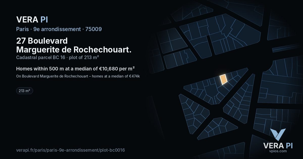 27 Boulevard Marguerite de Rochechouart, 9e arrondissement at night – the plot lit, the parcels around coloured by the prices near them