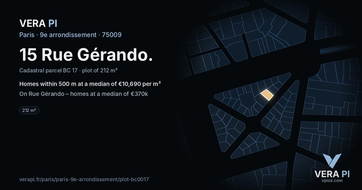 15 Rue Gérando, 9e arrondissement at night – the plot lit, the parcels around coloured by the prices near them