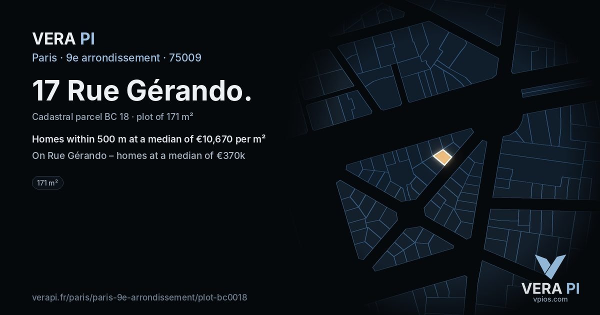 17 Rue Gérando, 9e arrondissement at night – the plot lit, the parcels around coloured by the prices near them