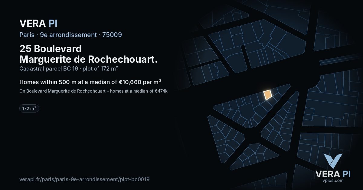 25 Boulevard Marguerite de Rochechouart, 9e arrondissement at night – the plot lit, the parcels around coloured by the prices near them