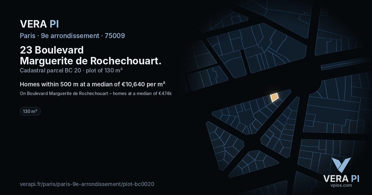 23 Boulevard Marguerite de Rochechouart, 9e arrondissement at night – the plot lit, the parcels around coloured by the prices near them