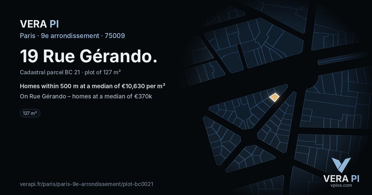19 Rue Gérando, 9e arrondissement at night – the plot lit, the parcels around coloured by the prices near them
